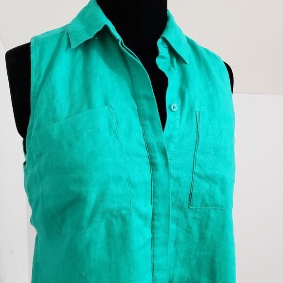 Chico's Green Sleeveless 100% Linen Button Front Blouse Medium Petite - Picture 6 of 11
